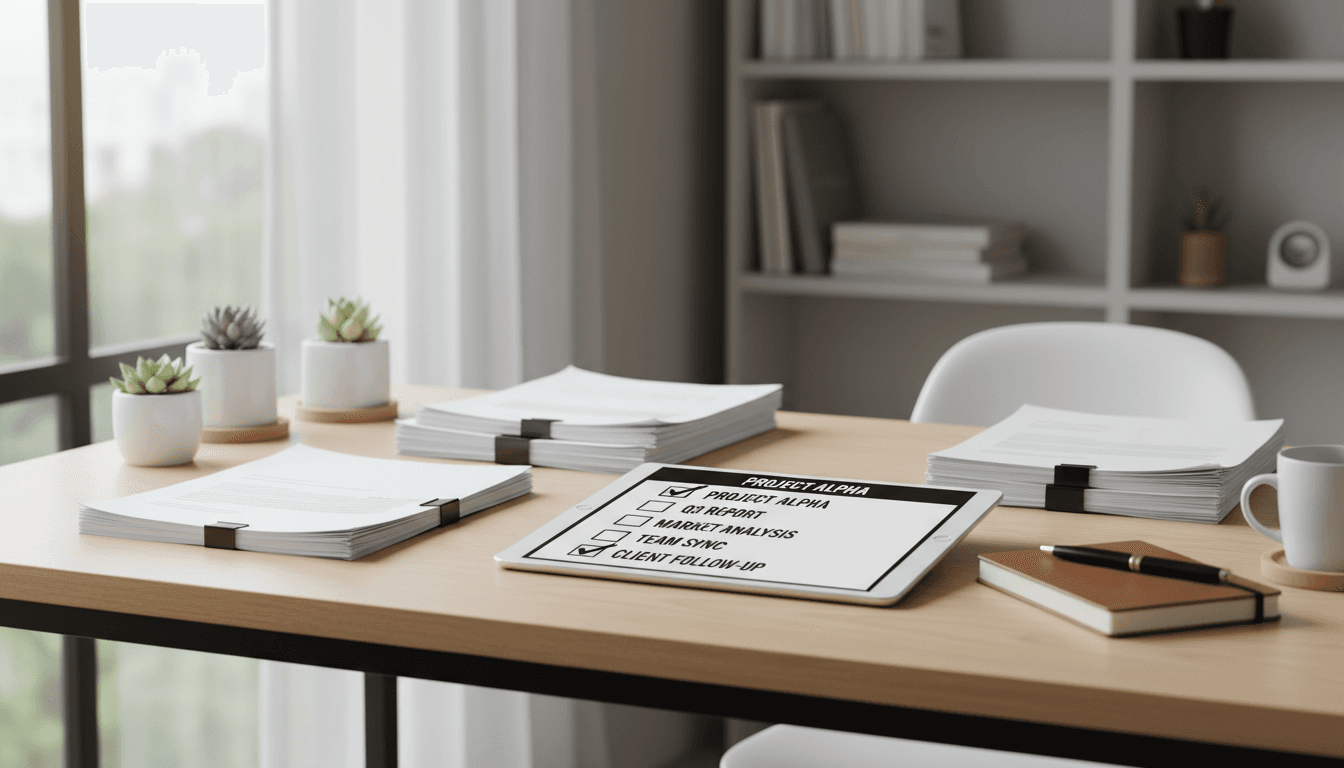 Organized business documents and digital tools on a professional workspace