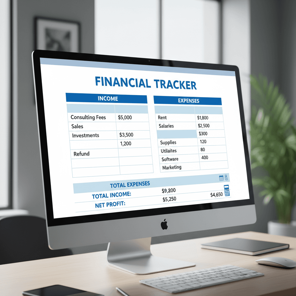 Monthly bookkeeping tracker with income and expense tracking columns