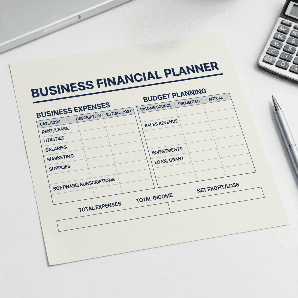 Financial organization worksheet for tracking business expenses and budgets