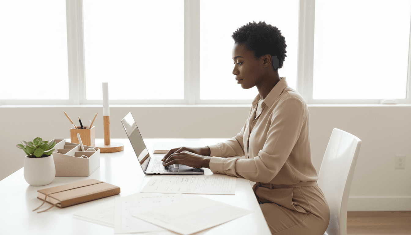 Woman organizing business documents and financial records at a clean professional desk