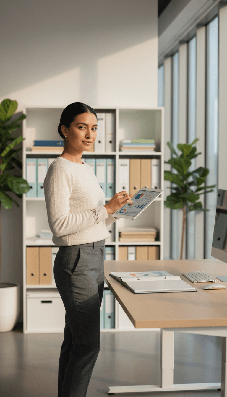 Professional organizing business documents at desk